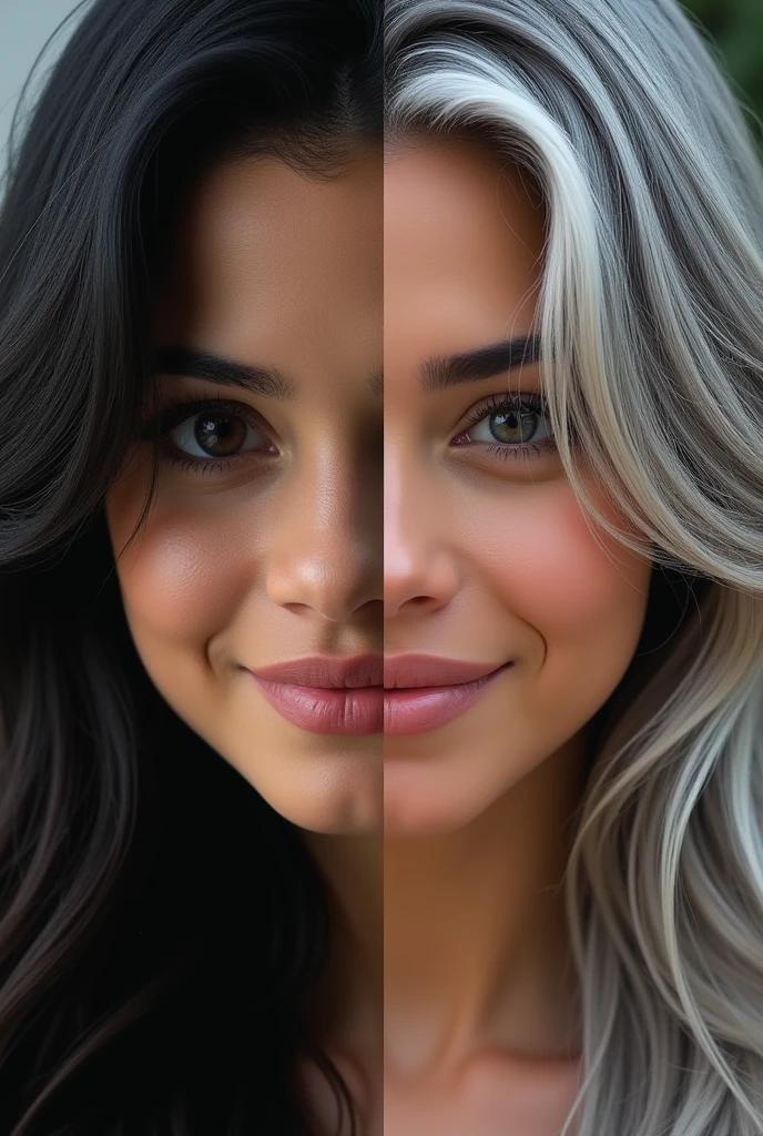 A beautifully contrasted portrait captures the evolution of Selena Gomez over the years: on the left, a vibrant black haired 25-year-old with lush black hair, and on the right, a striking older gray haired 50-year-old with gray hair. This digital artwork showcases the side profiles of both ages in a close-up layout, highlighting the differences and similarities between youth and maturity. The attention to detail is impeccable, from the fine lines on her face to the subtle changes in her expression. The overall effect is both poignant and visually stunning, making this piece a true work of art.