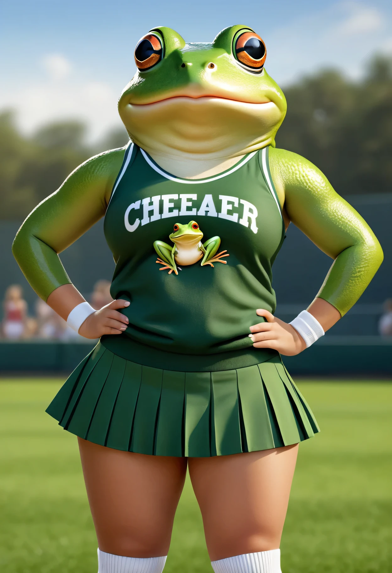 photorealistic portrait of Dressed animals - a ((chubby)) (frog) cheerleader,(hands on hips:2.0),(cheerful pose:1.5), (happy:1.5),high quality,(lovely) , highly detailed tank top with team logo ,intricate detailed short pleated skirt, highly detailed ((cheerleader's costume)) ,(highly detailed sox and sneakers),, (happy), natural lighting,(full body image:2.0), break, grass sports field background,