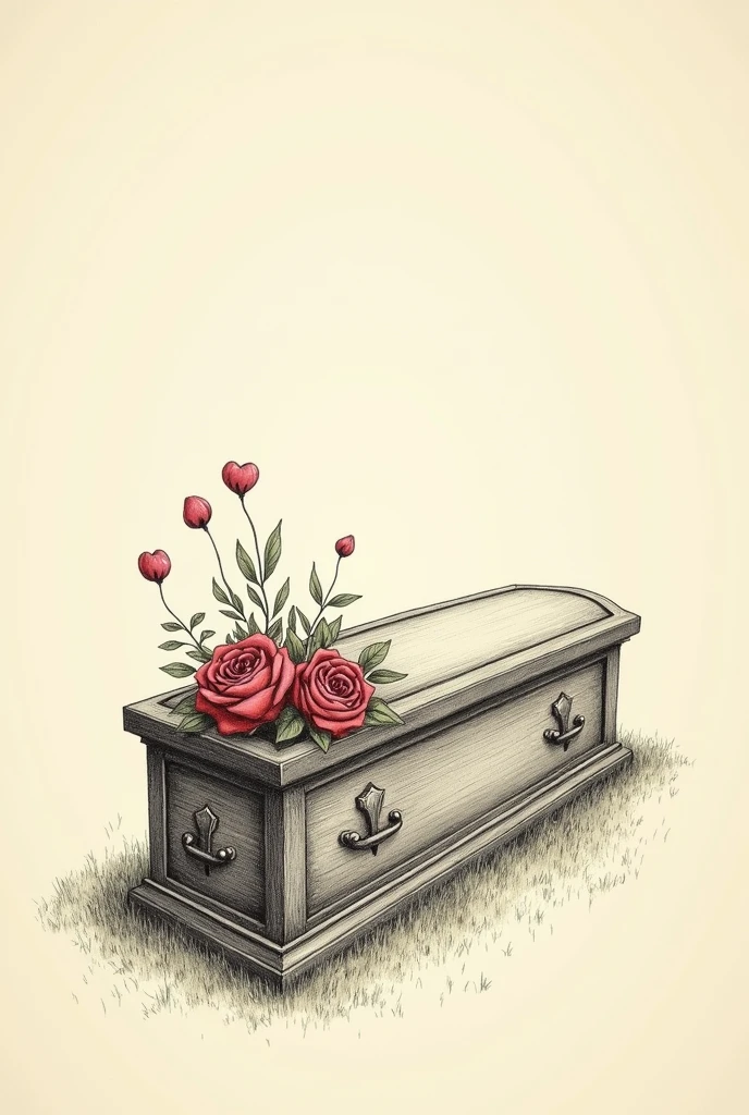 A drawing of a coffin on the left side with flowers and little hearts on top on a plain Tim Burton style background to one side of the image