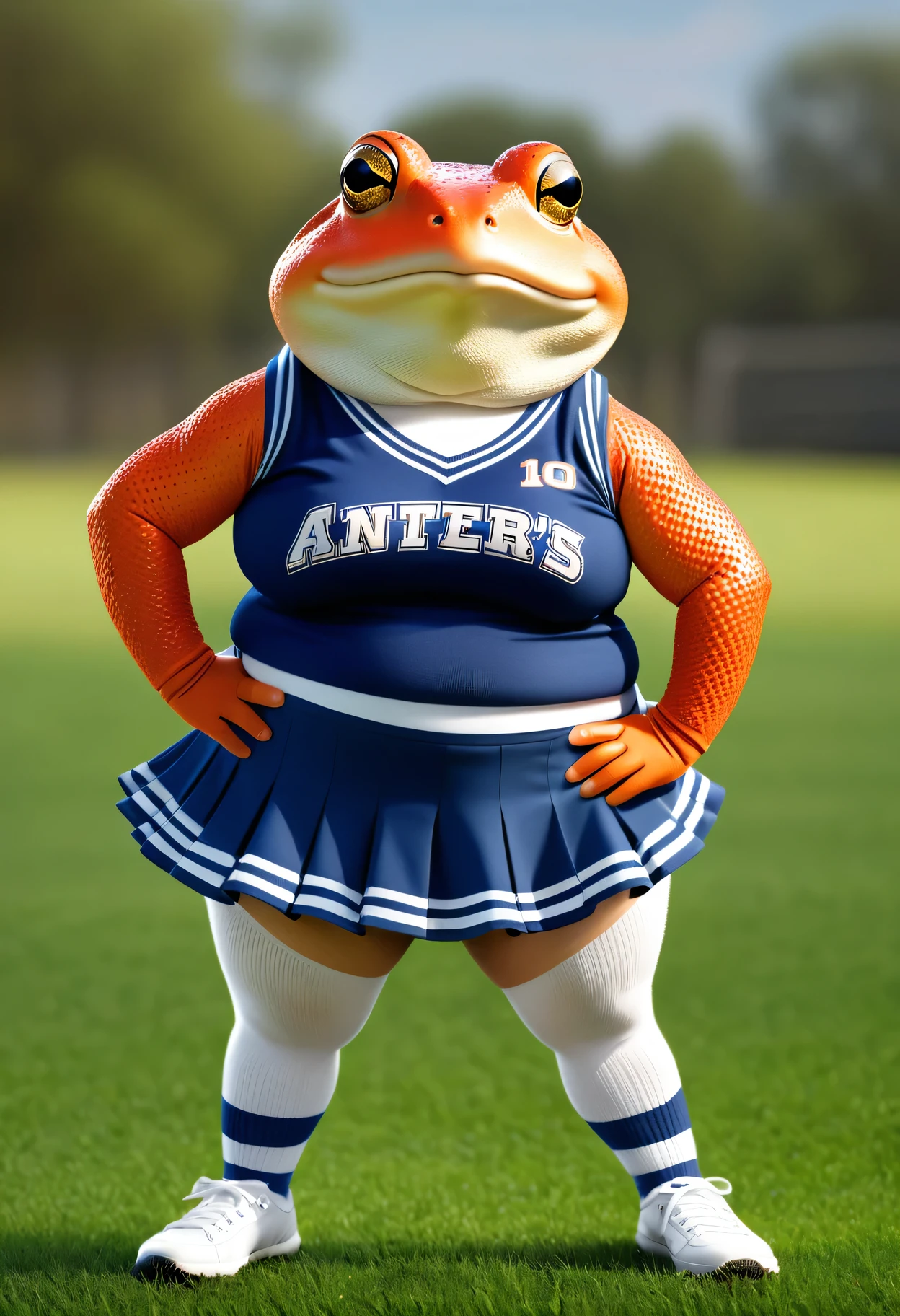 photorealistic portrait of Dressed animals - a ((fat)) (toad) cheerleader,(full body image from head to toe:2.0), (hands on hips:2.0),(cheerful pose:1.5), (happy:1.5),high quality,(lovely) , highly detailed sleeveless top with team logo ,intricate detailed short pleated skirt, highly detailed ((cheerleader's costume)) ,(highly detailed sox and sneakers),, (happy), natural lighting,, grass sports field background,