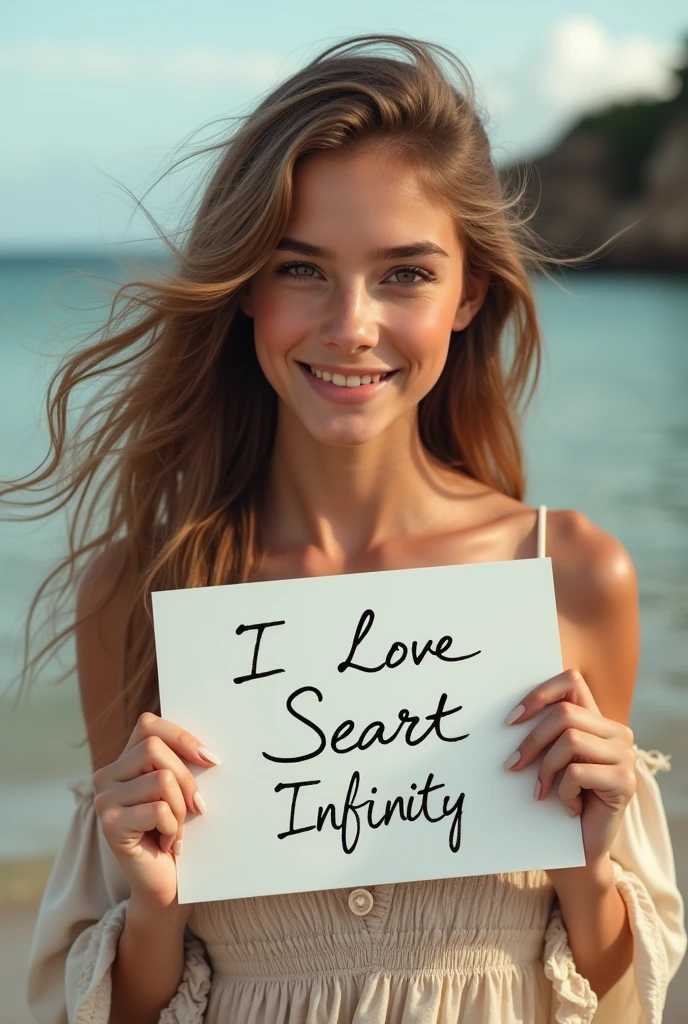 Beautiful girl with wavy long hair, bohemian dress, holding a white board with text "I Love Seaart Infinity" and showing it to the viewer