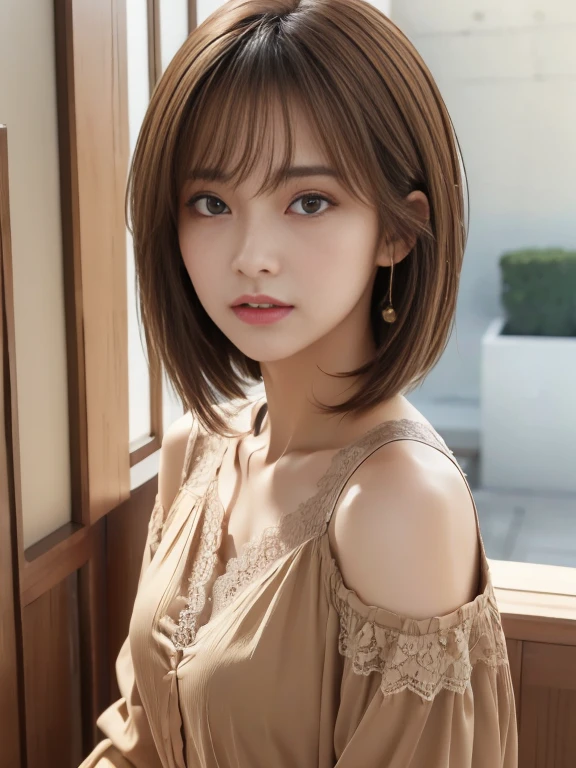 Ultra-high resolution, Superior Quality, Highest quality, Super detailed, Realistic, 8k, RAW Photos, Highest quality, masterpiece, Attractive girl, A wonderful girl, Brown Hair, Shoulder-length layered, Asymmetrical bangs, Japanese Idols, Sophisticated, stylish, Lace blouse
