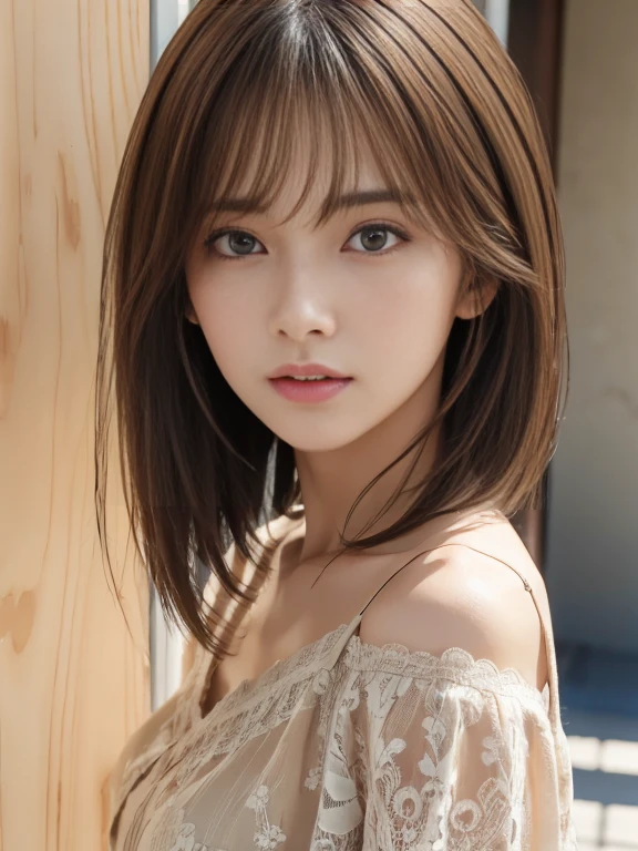 (Highest quality:1.5), (Realistic:1.5), (1 person:1.5), (crop top navel), (all fours), Seductively Posing, very detailed, okay, high resolution, 8k wallpaper, perfect dynamic composition, upper body, small breasts, natural colored lips, cute smile, Japanese woman, 20 year old girl, beautiful and classy face, perfect and beautiful face, beautiful and okay eyes, big eyes, brunette eyes, Beautiful and elegant face, perfect and beautiful double eyelids, natural bangs, beautiful thin nose, beautiful skin, chestnut brown hair, medium bob hair, short cut, natural bangs, perfect and beautiful face, slim face and style, (looking at camera), bright lighting, professional lighting, forward lighting, natural smile, on bed, lace bra and lace panties,