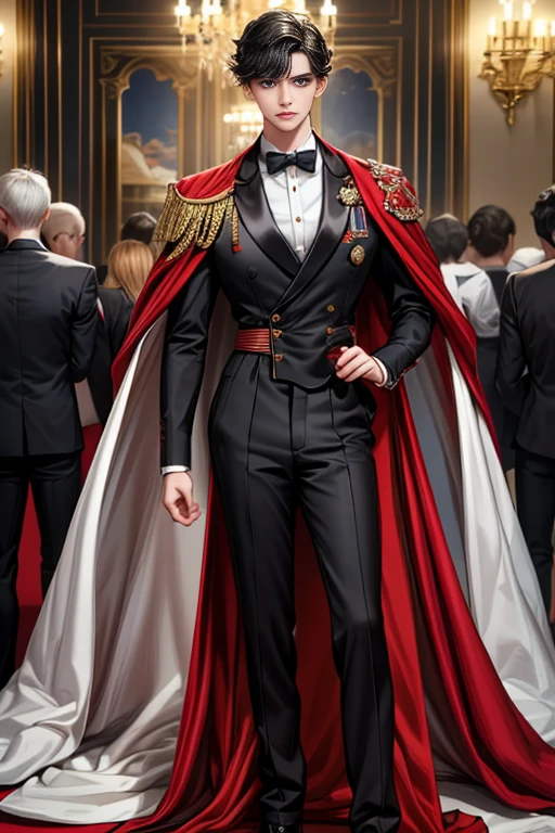 
masterpiece, 最high quality, high quality, 1 boy, alone, Male focus, Watching the audience,  Messy black hair, Adorable big blue eyes, White, Noble, Noble,A black and red cape that is bursting with sexy volume、Tuxedo、A very voluminous, large, very large, very large, long, long red and black cape with a high stand-up collar, made of a lot of fabric that reaches down to the floor., 17 years old,Cute beautiful boys,Cute, cute, kind, handsome guy