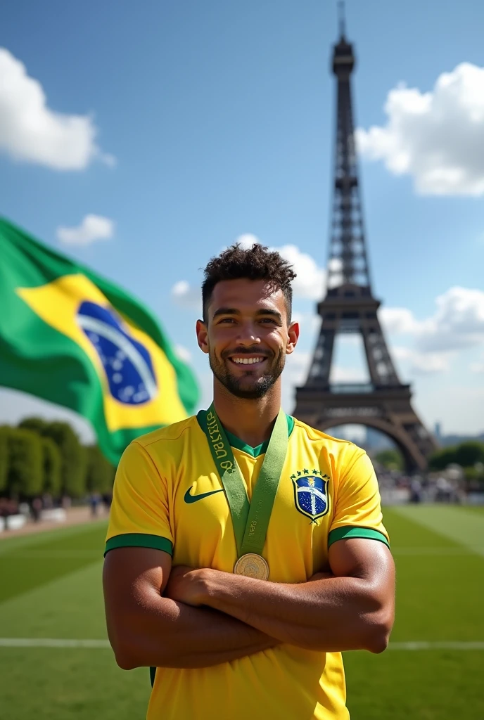 Brazilian soccer team player holding the gold medal and in the background the Brazilian flag and the Eiffel Tower