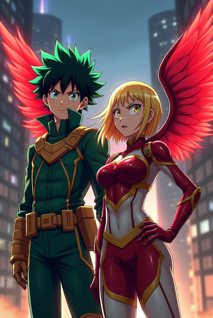 My hero academia Izuku Midoriya next to a blonde with red wings and yellow eyeliner and heroine costume