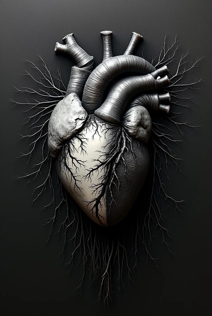 A human heart in the center of the cover, half made of flesh and bone, symbolizing Luis, and the other half made of black metal, representing AllBlack. Threads or roots intertwine the two parts, showing the indissoluble connection between them.
It represents that, even with the transformation and hardening of time, the original heart still beats inside AllBlack