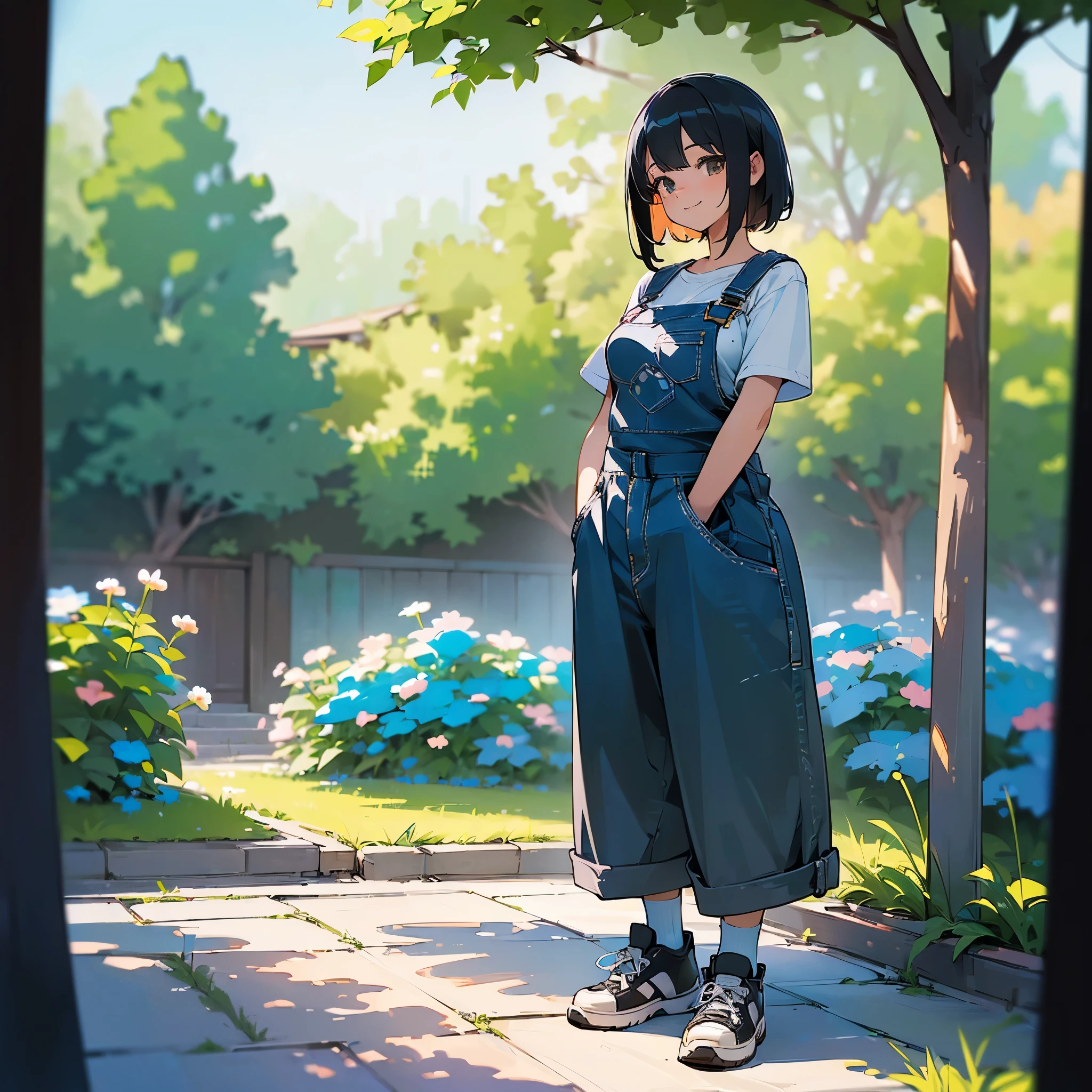 (high quality, High resolution, Very detailed, reality:1.37), Peaceful atmosphere, (Outdoor, garden), Teenage girl standing alone, (my breasts are big.), Beautiful details, Cute Smile, (Black bob hair), Short sleeve shirt, Overalls, Blue socks, sneakers.