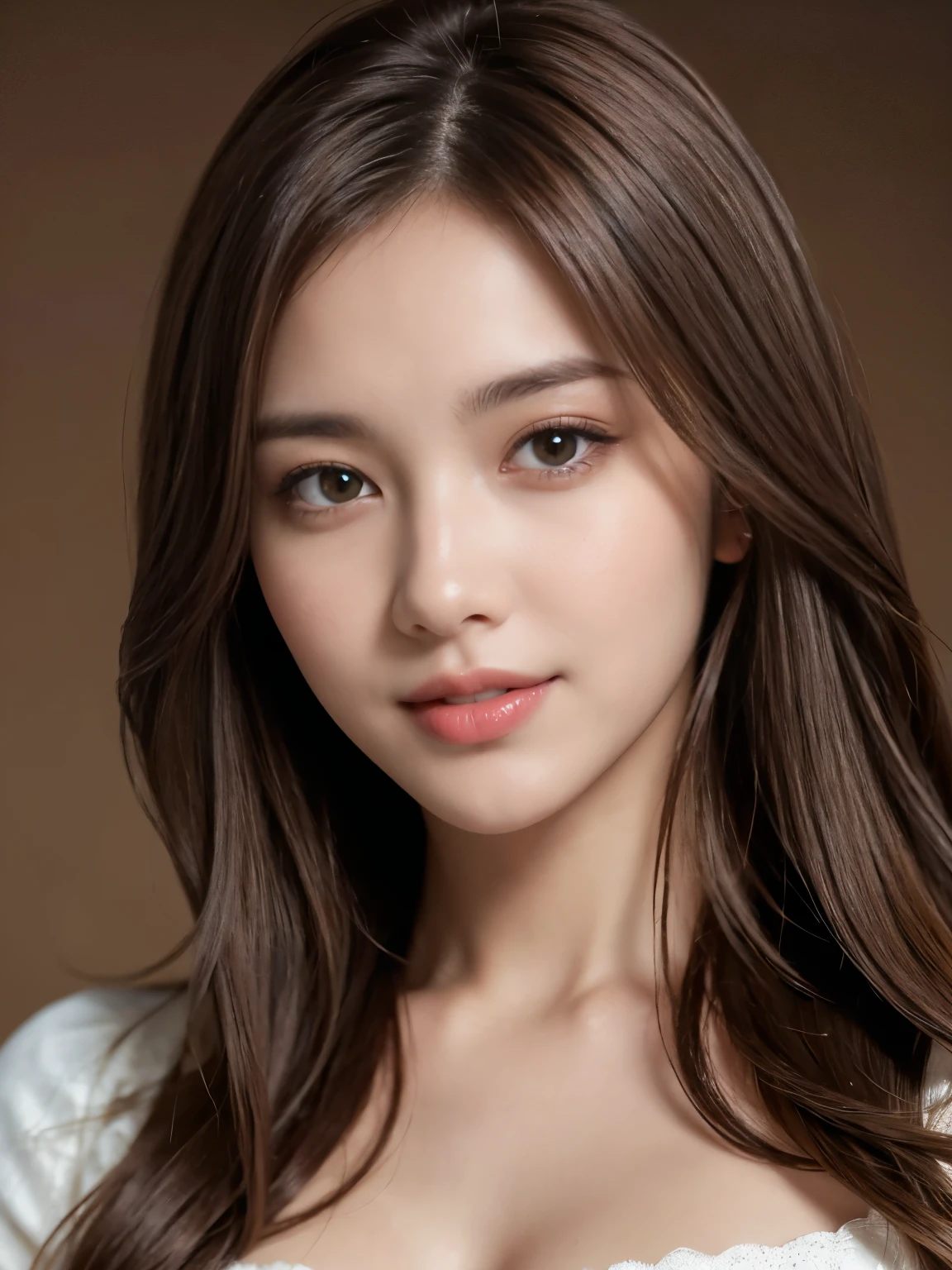 Best quality, realistically, ultra - detailed, Detailed pubic hair, A high resolution, solid color backdrop,8k wallpaper, 1 Beautiful woman, light brown messy hair, lock focus, Perfect dynamic composition, beautiful eyes, Delicate hair, Detailed realistically skin texture, Smiling, closeup portrait, Model body type,