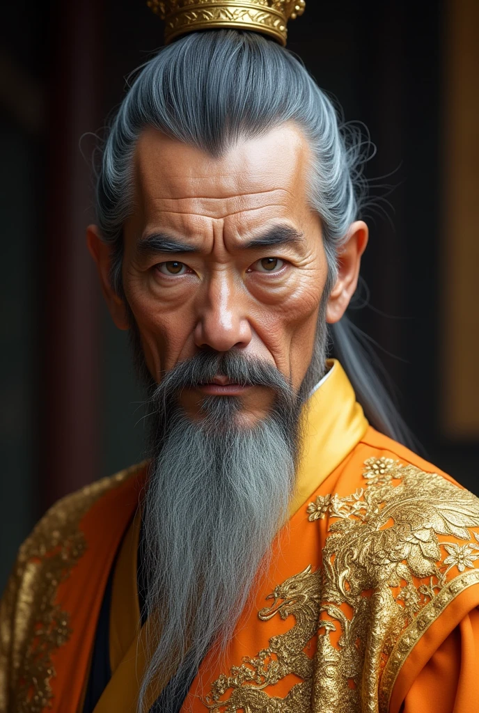 A close up picture of an emperor in his 50s, tall and dignified with a strong, imposing frame that carries the weight of his authority. Light olive skin or tanned complexion, showing a life of both outdoor activities and palace life. Deep, penetrating grey eyes, reflecting his wisdom and experience. Silver-gray hair, once dark but now showing signs of age. It’s usually kept short and neatly groomed with the crown. He wear emperor's robe that have a pattern of golden phoenix