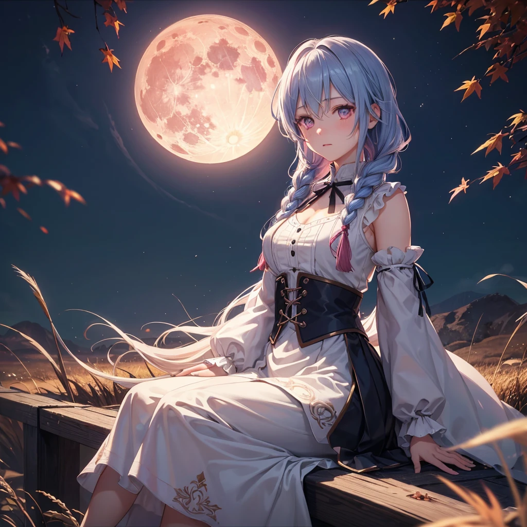 (Braiding),(Sky blue medium hair), (Pink eyes),(Fair skin)  ,(whole body),(One Girl),(harvest moon),(A large amount of Miscanthus sinensis in the background),autumn,(full moon),(masterpiece, Highest quality, Very detailed, Best Shadow), (Detailed Background), (Beautifully detailed face), High Contrast, (Best lighting, Very delicate and beautiful), ((Cinematic Light)), Hyper Detail,8k, Dramatic Light, Intricate details,Maple