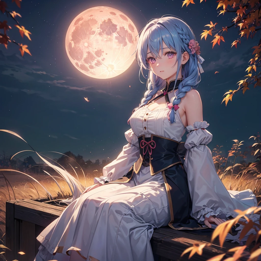 (Braiding),(Sky blue medium hair), (Pink eyes),(Fair skin) ,(whole body),(One Girl),(harvest moon),(A large amount of Miscanthus sinensis in the background),autumn,(full moon),(masterpiece, Highest quality, Very detailed, Best Shadow), (Detailed Background), (Beautifully detailed face), High Contrast, (Best lighting, Very delicate and beautiful), ((Cinematic Light)), Hyper Detail,8k, Dramatic Light, Intricate details,Maple