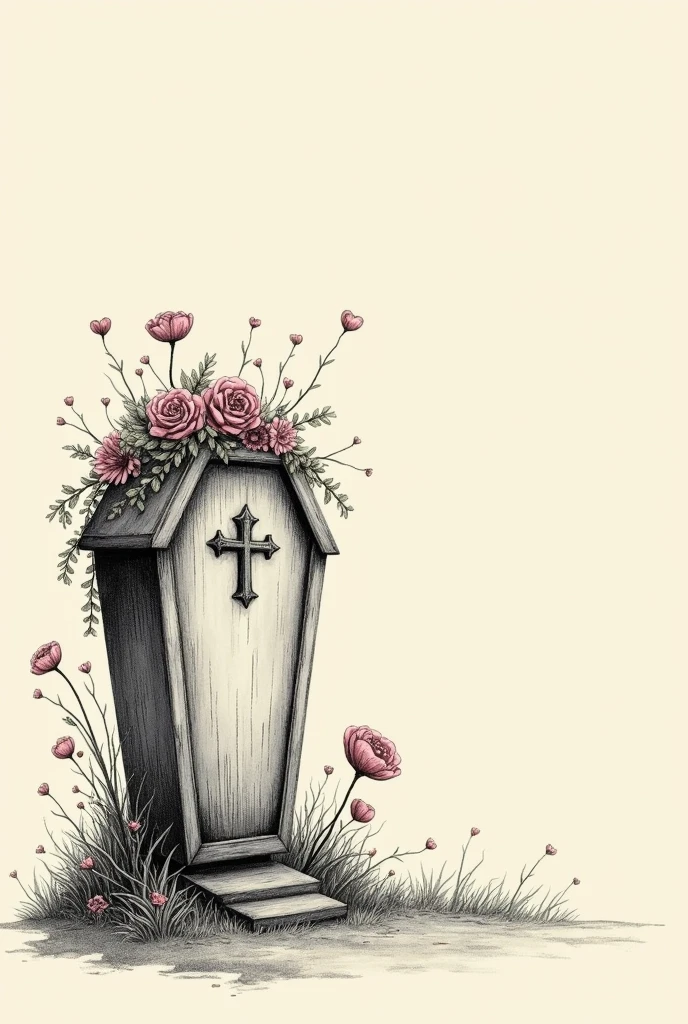 A drawing of a coffin on the left side with flowers and little hearts on top on a plain Tim Burton style background to one side of the image
