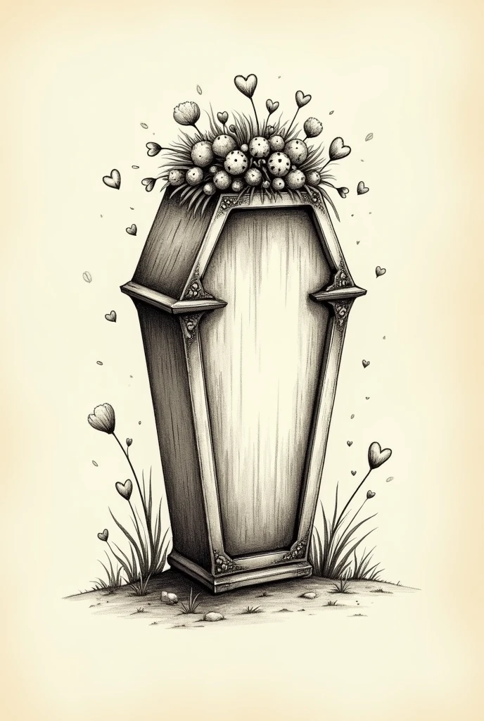 A drawing of a coffin on the left side with flowers and little hearts on top on a plain Tim Burton style background to one side of the image