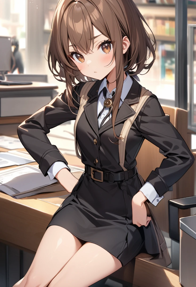 Young female detective of 27 years of age of average height and athletic build, short brown hair, white tips, brown eyes and has been described as cute among her coworkers for her appearance and attitude although she doesn't mind that. Wear casual summer clothes, like blue shorts and yellow tank top when not at work.