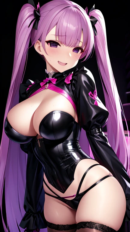 Erotic、Big Breasts、Pink hair long twin tails、Tight waist、Gothic ****ta、Pink and black latex dress　corset　Pink line、adult、Married Woman、Evil female executive、tall、sexy、Wicked Grin、Lightly open your mouth、lure、Alluring、excited、Pitch black background、Dark bedroom at night、garter belt、stockings