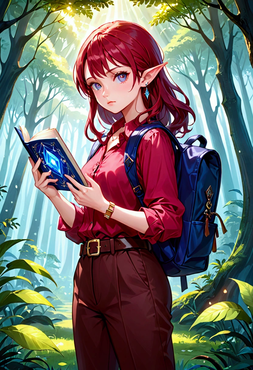 Create an illustration of an elf with pink skin tone, dark red hair, with a serious face. She is wearing brown pants with a belt and a large red blouse.. On her shoulder she holds a dark blue backpack. In the hand another hand, she is holding a book of spells and inside her hand is a diamond. Ao fundo, she is in the magical forest