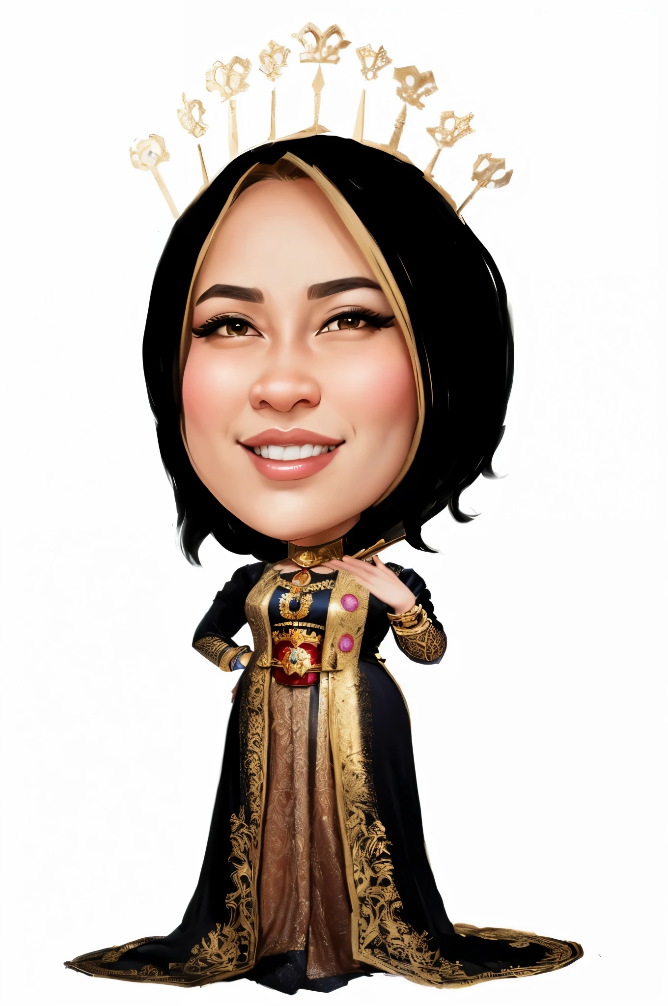 a cartoon of a woman and a crown, caricature illustration, caricature, chibi, cartoon portrait, potrait, in cartoon style, caricature style, emir, high quality portrait, full protrait, inspired by Altoon Sultan, inspired by Nil Gleyen, traditional portrait, detailed portrait, inspired by Basuki Abdullah, proffesional illustration, cartoonist