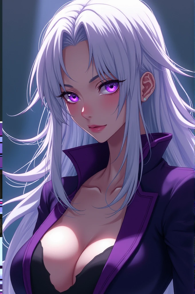 One piece anime woman in her thirties, Purple eyes and white hair with violet hues