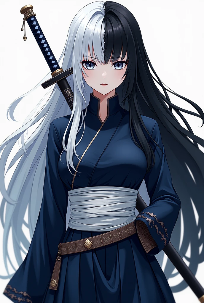 Generates a white girl with white eyes and hair on the left side and black eyes and hair on the right side in the style of Kimetsu no Yaiba., Her hair reaches her heels, with dark blue full-covered male demon slayer uniform, chest covered in bandages, two nichirin katanas on his back