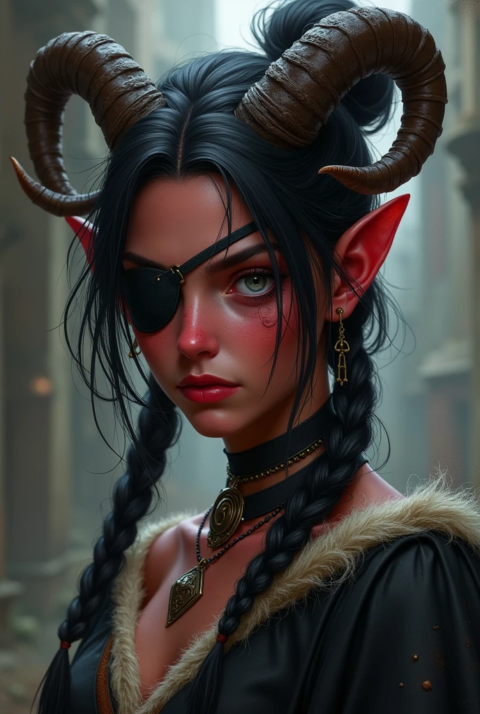 ((Mediovale)), uma mulher Tiefling, reddish skin, ram horns, broken left horn, completely white eyes, eye patch on the left side, scar under the eye patch, scar on the lips on the right side, Bblack hair, hair tied in a bun, scraping both sides, two braids on each side of the bangs.