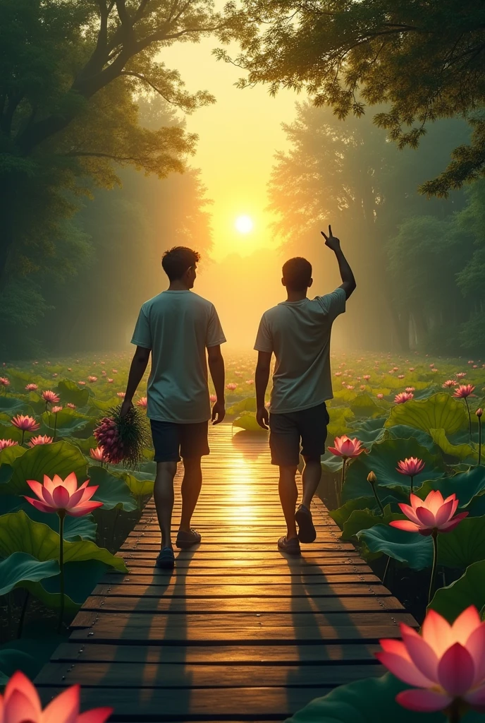 Two perfect young men walk forward on a wooden bridge across a beautiful lotus-blossom lake, one friend holding a bunch of lotus flowers in one hand and pointing the other towards a light, the other friend pointing to a bright yellow light in the distance, behind the two young men carrying lotus flowers and beautiful Two women also walk, a scene of light in the distance, a realistic picture, attractive pic, black background
