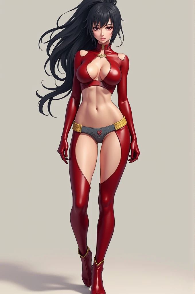Hi, I want you to create a very sexy hyperrealistic image of Yaoyorozu Momo from Boku no Hero Academia in her hero costume. These are their descriptions:

Momo is a young and attractive woman with a very mature physique for her age., also being one of the tallest students in Class 1-A. He has elongated eyes, light skin, and dull black hair with a straight spiky strand hanging on his forehead on the right side, Her hair is tied into a large, spiky ponytail.

During school hours, She wears the standard female uniform consisting of a grey blazer with blue-green stripes., a formal white shirt, Red tie, blue-green pleated skirt, black knee-high stockings and brown shoes.

Her hero costume consists of a very revealing deep red tight short latex suit , exposing the center of her chest, Arms and legs, with a cut in the center that allows your neck, breasts, abdomen, navel and belly, because of this, It looks like he has a flat stomach, His suit has some grey edges next to the top of his suit, It has a high, open neck in the middle and a kind of belt above its beige-yellow chest., with a large gray belt so he can use his Quirk more freely.

Around the waist, It has a kind of beige-yellow skirt made up of two semi-rounded pieces with linear details in the central part in black.. She has low-heeled boots in the same red color as her suit that reach halfway up her knee., It has a V-shaped opening at the top with rounded edges..