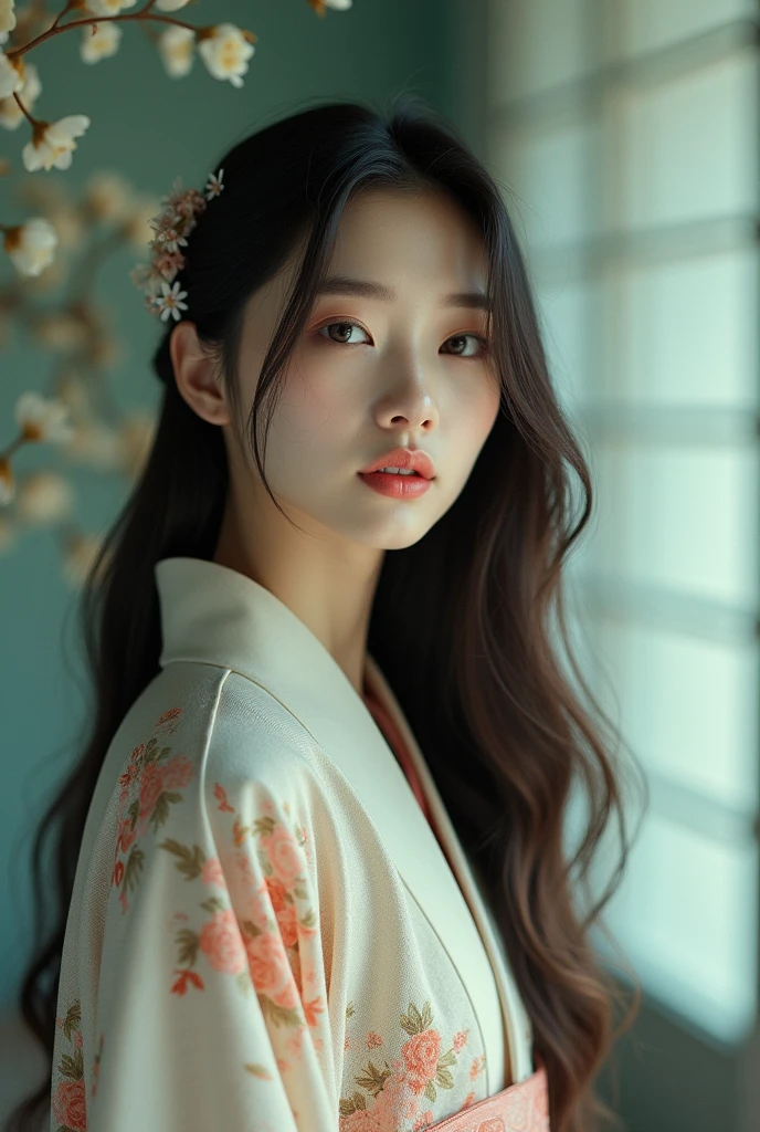editorial photography,super detailed background,Super realistic,double exposure,depth of field,beauty super slender skinny Korean vibes,soft focus tone,narrative scene,iris,pupil,wabi-sabi,open lips,kimono,Super long straight hairstyle,fullbody shot,