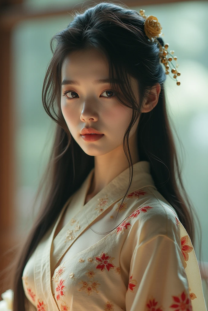 editorial photography,super detailed background,Super realistic,double exposure,depth of field,beauty super slender skinny Korean vibes,soft focus tone,narrative scene,iris,pupil,wabi-sabi,open lips,kimono,Super long straight hairstyle,fullbody shot,