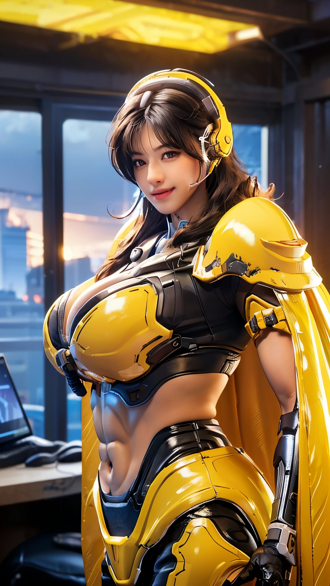 vonnyfelicia, CLOSE UP UPPER BODY,solo, COWBOY SHOT PORTRAIT, perfect fingers, ((HEADSET GAMING HEADPHONE, WAVY BLODE HAIR:1.4)), (GIGANTIC ROUND BREASTS, K-CUP SIZE BREASTS, SQUEEZE CLEAVAGE TOP, 11 LINE ABS:1.5), (TIGHT YELLOW FUTURISTIC HUMANOID MECHA OVERWATCH ARMOR, LONG CAPE:1.5), (MUSCULAR BODY SHAPE:1.5), (CLEAN GLOSSY BODYSKIN:1.5), (LOOKING AT VIEWER:1.6), (BACKGROUND FUTURISTIC SPACE STATION:1), (Photorealsitic:1.5), (Ultra-detail), (TOP-QUALITY), (BEST SHADOWS), BRIGHT LIGHT IN ROOM, HYPER TEXTURE, (4X MSAA), ((UNREAL ENGINE 5 RENDER)), (NEON), PHYSICALLY-BASED RENDERING, ULTRA HIGHT DEFINITION, 16K, 1080P.