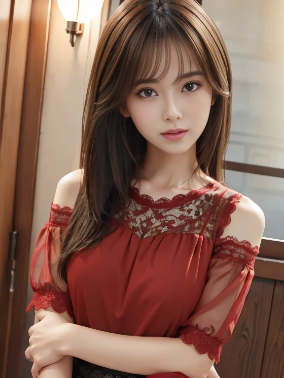 Ultra-high resolution, Superior Quality, Highest quality, Super detailed, Realistic, 8k, RAW Photos, Highest quality, masterpiece, Attractive girl, A wonderful girl, Brown Hair, Shoulder-length layered, Asymmetrical bangs, Japanese Idols, Sophisticated, stylish, Red lace blouse