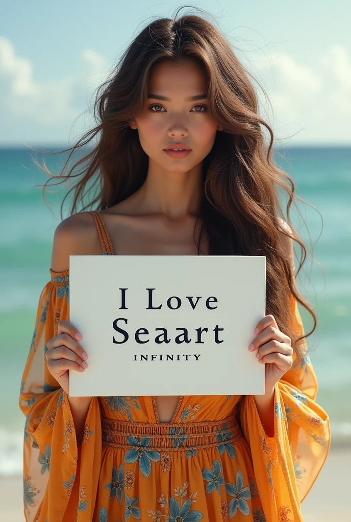 Beautiful girl with wavy long hair, bohemian dress, holding a white board with text "I Love Seaart Infinity" and showing it to the viewer