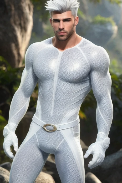 quarter body photorealistic handsome hunky masculine Estriker white haired Young Jack,  unreal engine, extremely attractive male wearing white micro scales transparent mesh bodysuit with gloves and belt, ,,extremely masculine physique, intricately super bulge, realistic skin, short tousled hair, fantasy background. powers: ice manipulation,, in action,,