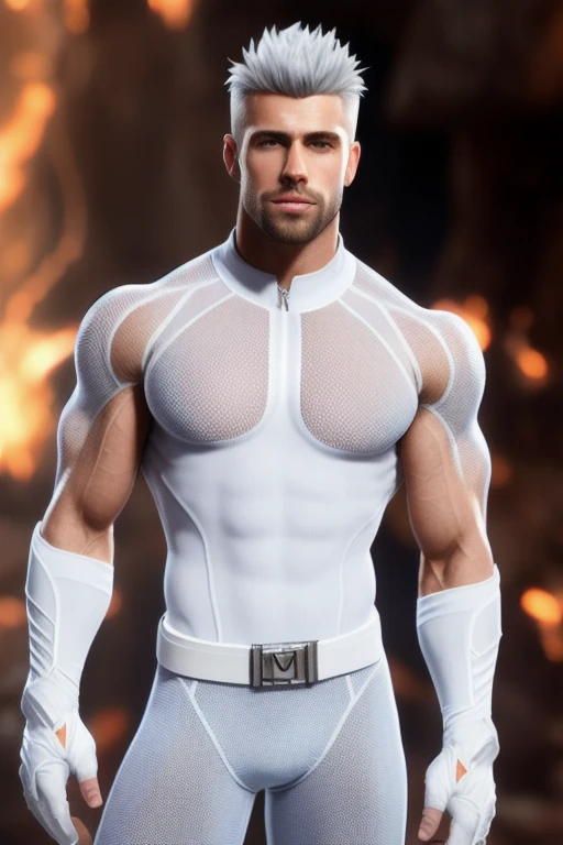 quarter body photorealistic handsome hunky masculine Estriker white haired Young Jack, unreal engine, extremely attractive male wearing white micro scales transparent mesh bodysuit with gloves and belt, ,,extremely masculine physique, intricately super bulge, realistic skin, short tousled hair, fantasy background. powers: ice manipulation,, in action,,