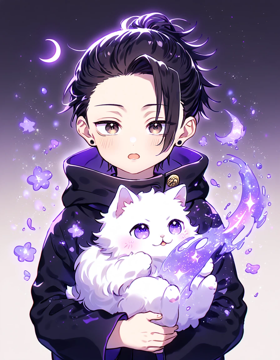 absurdres, highres, ultra detailed, HDR, master piece, Getou Suguru as , black hair, expressive brown eyes, black clothes, Jujutsu Kaisen, holding a white fluffy cat, cute boy, adorable, best quality, purple glittering crescent moon, purple flowers, fantasy, magical, solo, water, purple shining fireflies, purple petals, purple fire,