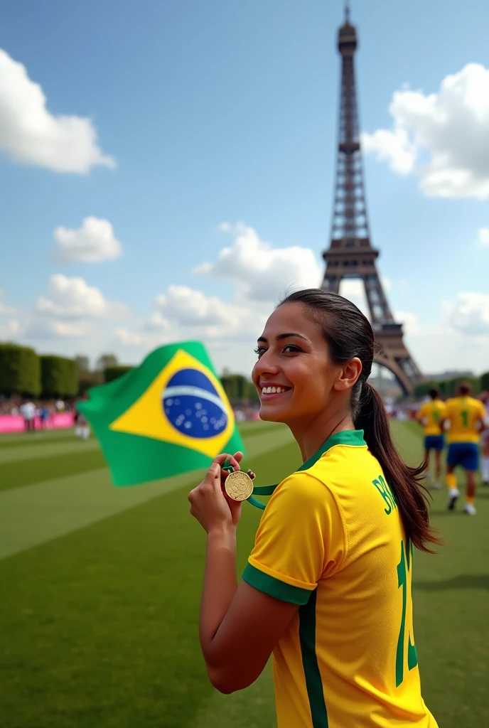Brazilian women's soccer team holding the gold medal and in the background the Brazilian flag and the Eiffel Tower