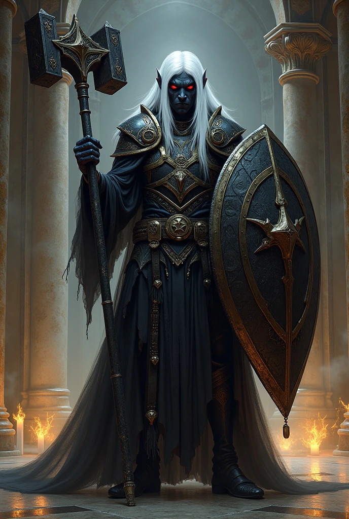 Drow cleric with a hammer and shield 