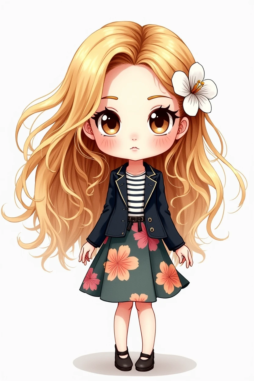 chibi, Watercolor illustration, centered art. The image shows a charming Russian woman with long, curly blonde hair blowing in the wind, she is in a designer style looking at the camera. She is dressed in a black jacket and floral skirt, with a striped blouse underneath, adding a touch of color to her look. A white flower adorns her head, complementing her look. She is standing against a white background.