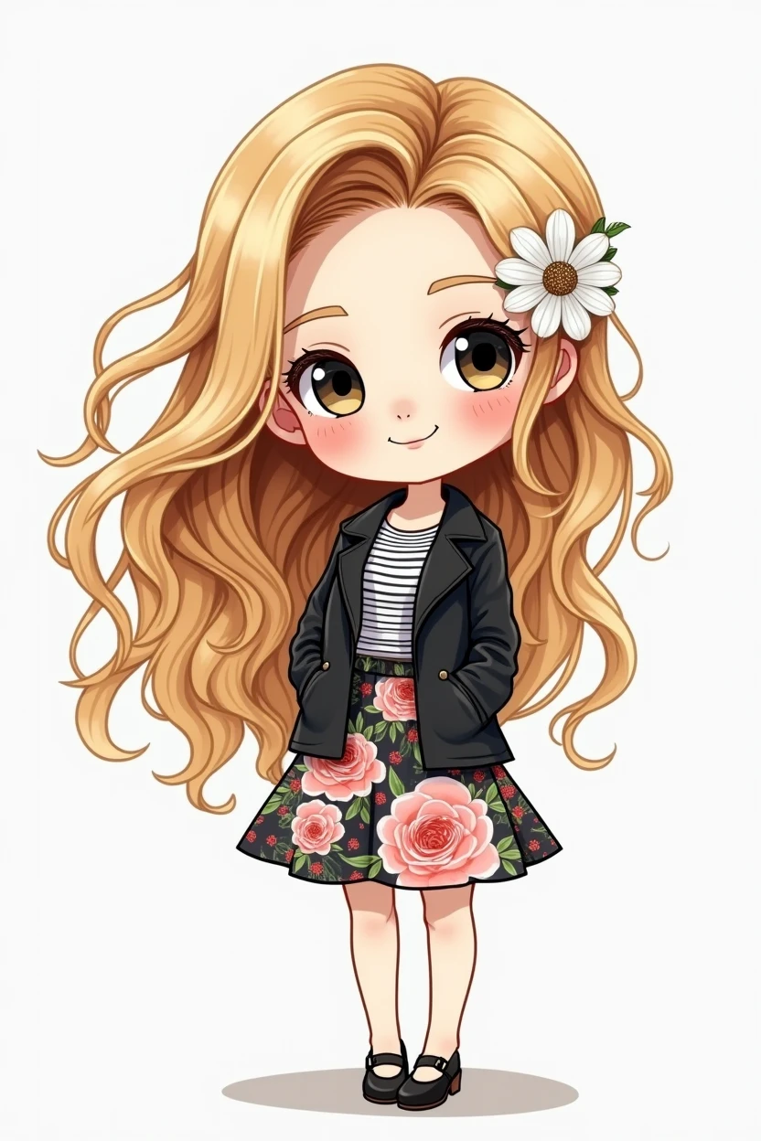 chibi, Watercolor illustration, centered art. The image shows a charming Russian woman with long, curly blonde hair blowing in the wind, she is in a designer style looking at the camera. She is dressed in a black jacket and floral skirt, with a striped blouse underneath, adding a touch of color to her look. A white flower adorns her head, complementing her look. She is standing against a white background.