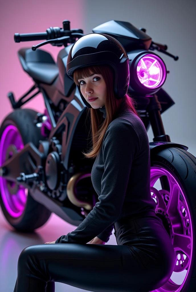 A brunette girl with a black helmet with purple details. Sitting in front of her APACHE 180 MODEL 2022 brand motorcycle which is also black with purple details and purple neon lights on the tire rims.
