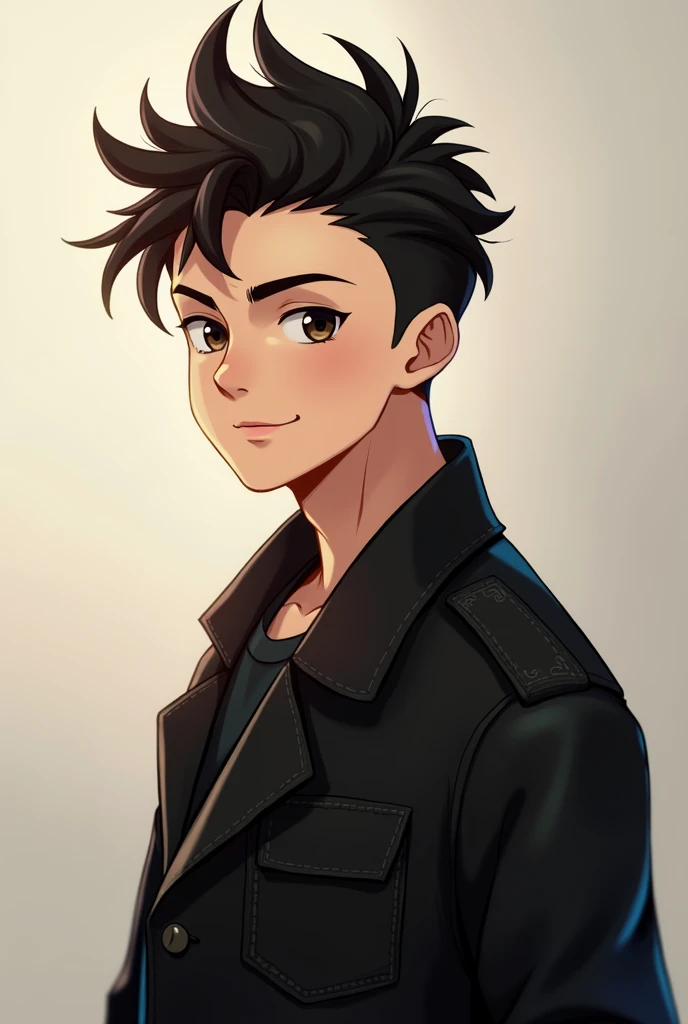 Generate a handsome boy, spiky black hair, wearing a black jacket , light smile looking forward