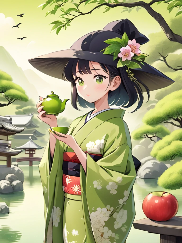 Japanese woman wearing kimono,  Japanese style Japanese garden witch, cartoon, holding Apple Green Tea, Japanese environment background