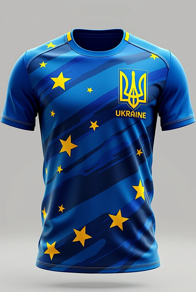 A never-before-seen custom team shirt with lots of detail with the colors blue and minimal details of stripes spreading across the shirt and several stars spreading across the entire shirt with yellow with the symbol of Ukraine and the writing 9c 