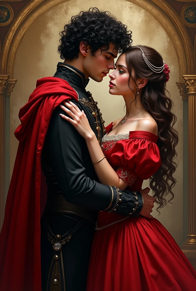 A cover for a medieval romance book called "visceral" It&#39;s about a kind of Enemys to lovers between two teenagers, a prince with black curly hair, white skin and green eyes, and a princess with wavy brown hair, white skin and violet eyes. Their clothes must be red or black and the Targaryen symbol.. author: Solesxt 