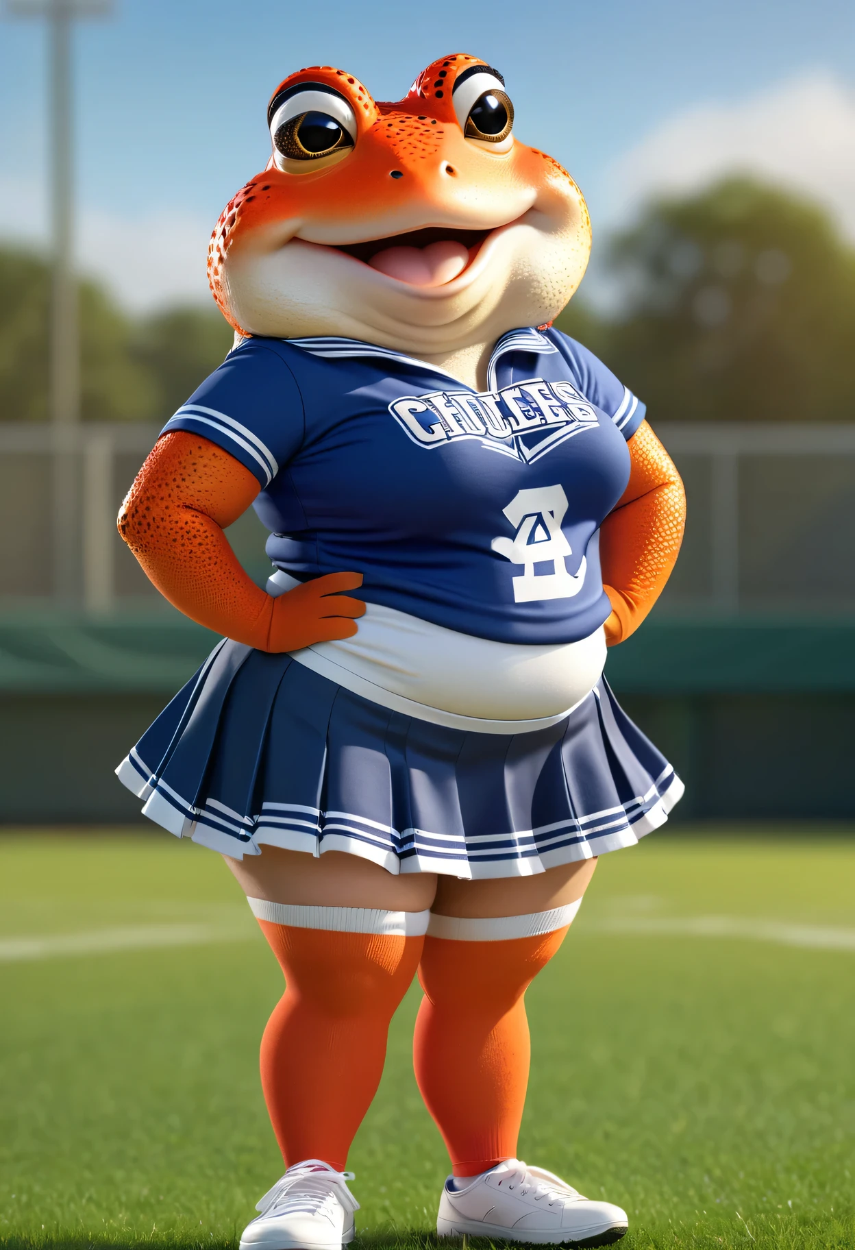 photorealistic portrait of Dressed animals - a ((fat)) (toad) cheerleader,(full body image from head to toe:2.0), (hands on hips:2.0),(cheerful pose:1.5), (happy smile:1.2),high quality,(lovely) , highly detailed cute top with team logo ,intricate detailed short pleated skirt, highly detailed ((cheerleader's costume)) ,(highly detailed sox and sneakers),, (happy), natural lighting,, grass sports field background,