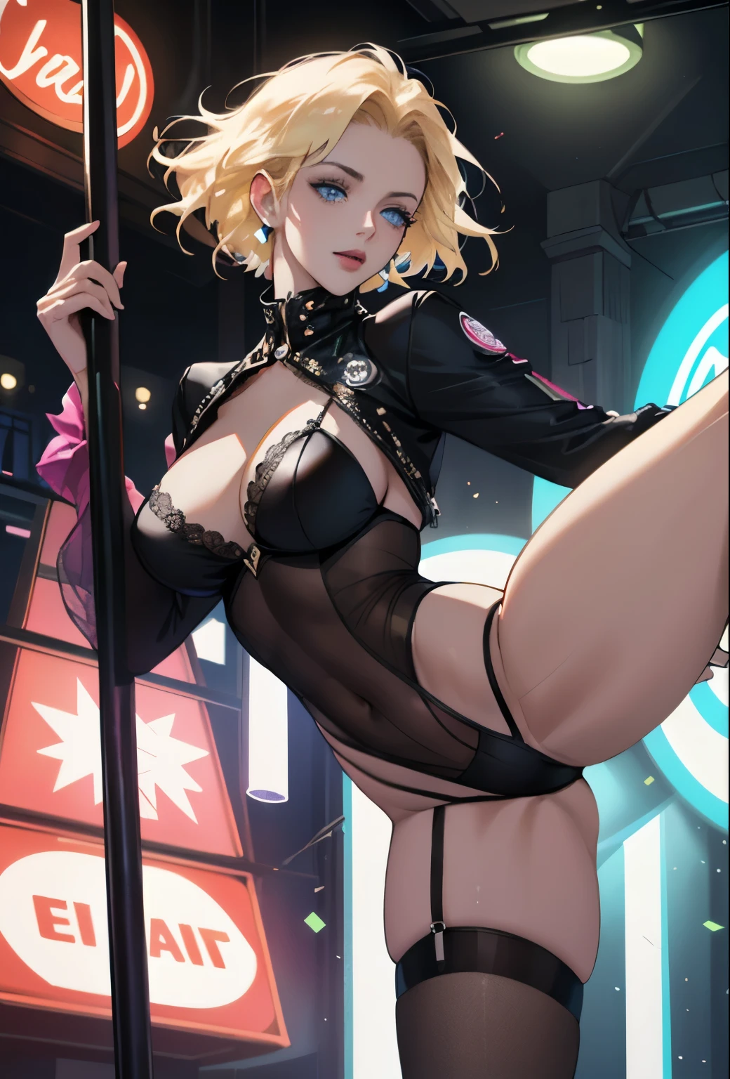 Ultra-realism, cyber punk, 16K, Super Resolution, One Girl, Pole dancer, blue eyes, blonde, Dazzling neon lights, A combination of Moulin Rouge and burlesque, Luxury nightclubs, Very detailed, High resolution, High resolutionR, High resolution, UHigh resolution, Professional work, Black light, Do pole dancing, Stick to the pole, attractive, attractive, dynamic pole dance, Dynamic dance moves, Powerful and bold compositions, Dramatic Photos, ARW,Less fabric area,High leg costume,