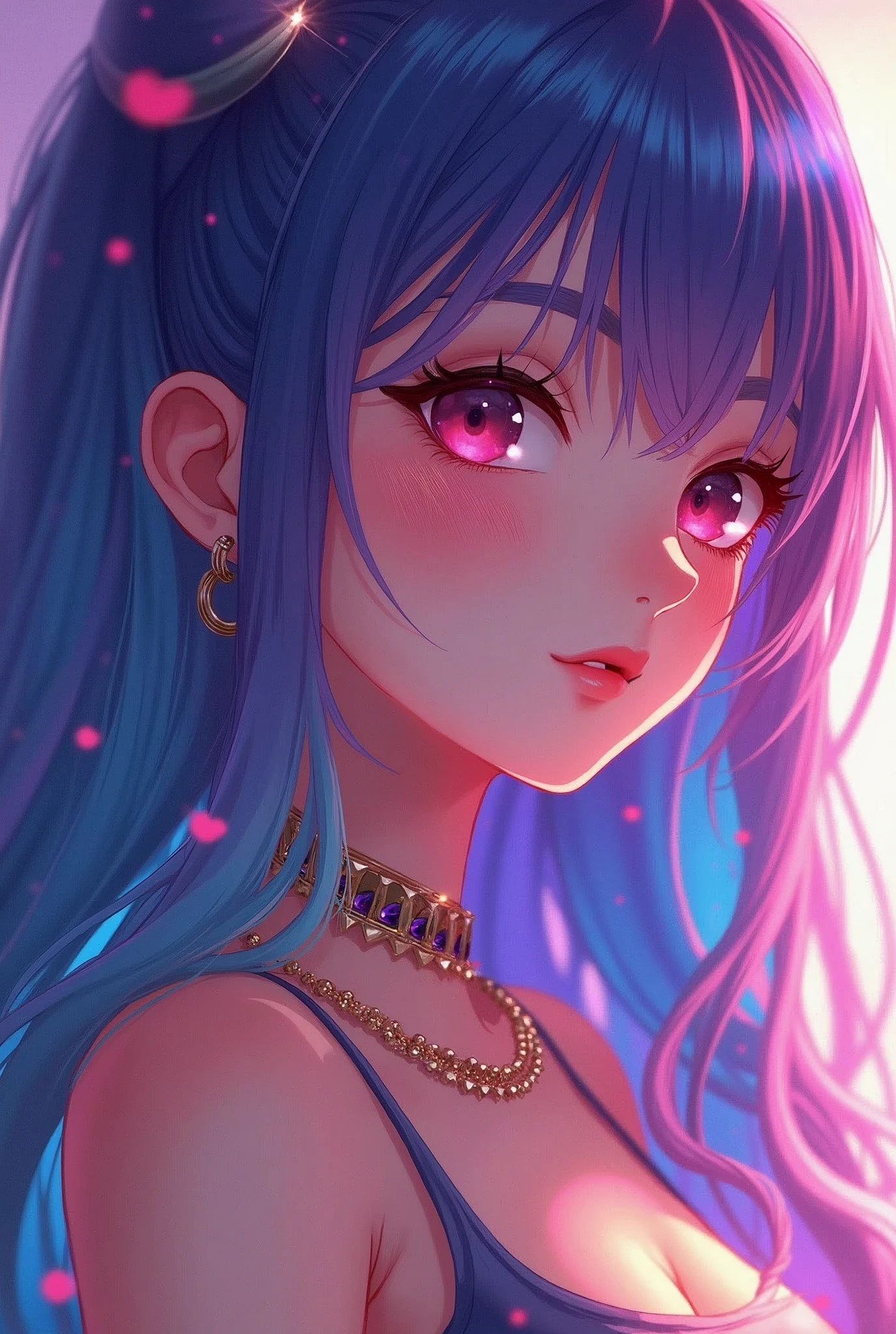 Close-up of a woman with colorful hair and necklace, anime girl with cosmic hair, Rossdraws soft vibrancy, Gouviz style artwork, fantasy art style, colorful], vibrant fantasy style, Rossdraws cartoon full of vitality, cosmic and colorful, Guweiz, colorful digital fantasy art, stunning art style, beautiful anime style, glowing hair