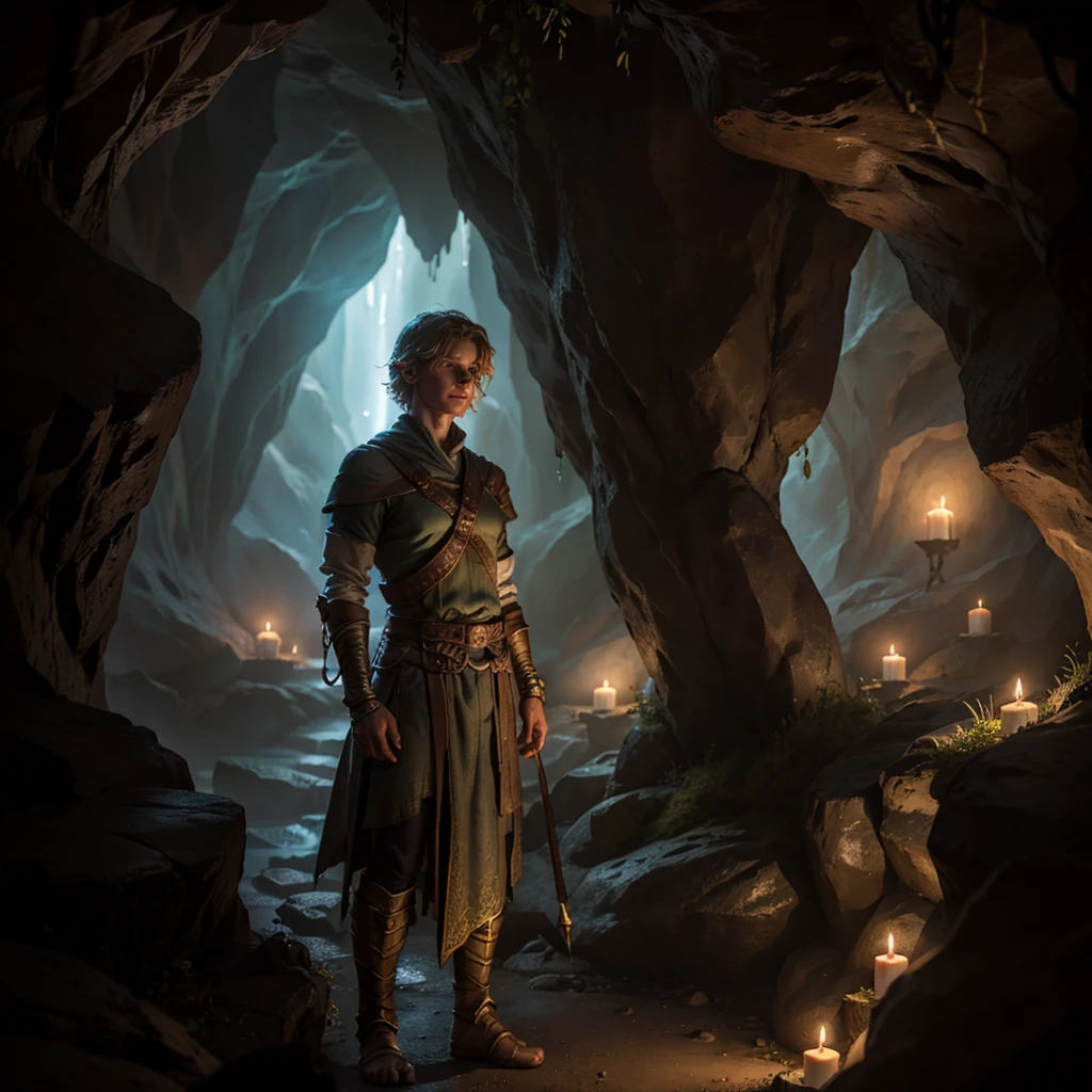 High Fantasy、Delicate depiction、Depiction of the upper body、Standing Link、The background is a dimly lit cave、