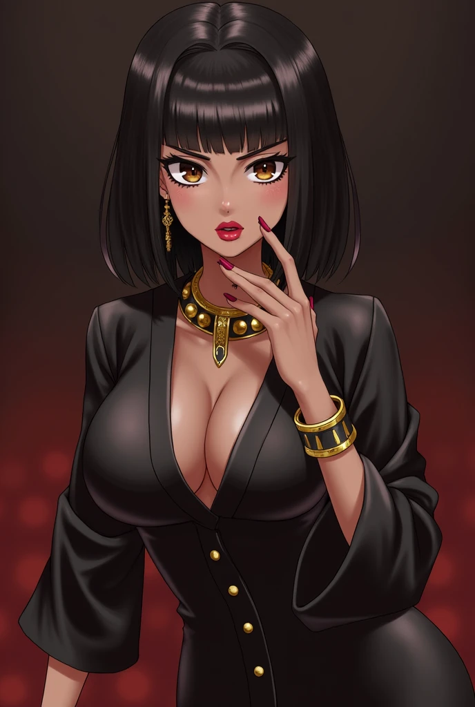 score_9, score_8_up, score_7_up, score_6_up, 1girl, solo, jewelry, rating: safe, brown_eyes, black_hair, lips, makeup, armlet, breasts, egyptian, egyptian_clothes, dark_skin, nose, earrings, gold, lipstick, cleavage, realistic, looking_at_viewer, medium_breasts, open_mouth, oral_invitation, piercing, gyaru, blunt_bangs, bangs, bob_cut, vampire, long_fangs, (from_above:1.3), downblouse, dark, silk, see-through, (blood_from_mouth:1.2), black_robe, blood, sharp_teeth