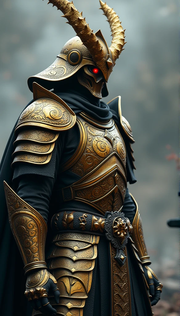 warrior, concept-art, Fantasy art, battleground background, clean render, a horned, Wear a suit of armor, Detailed bushido form smoke, helmet of a forgotten deity, character is standing, 8k Realistic, in game render, detailed face background detail, Art station front page, taur, Pseudo-medieval fantasy, A deity wearing koi armor, detailed bronze armor, Bronze armor, golden etched armor, gold obsidian armor, Light gold armor, Gorgeous filigree armor, A demonic warrior, Gorgeous armor full of thorns, Intricate assasin armor, Intricate metal armor, powerful warrior, Dressed in gorgeous gold armor,Decorated with intricate patterns, The helmet has a large crown and two horns,Glowing red eyes, Everything is in the dark, The smoky background alludes to battle scenes, Add an ominous aura to his character,submission, Full body shot.